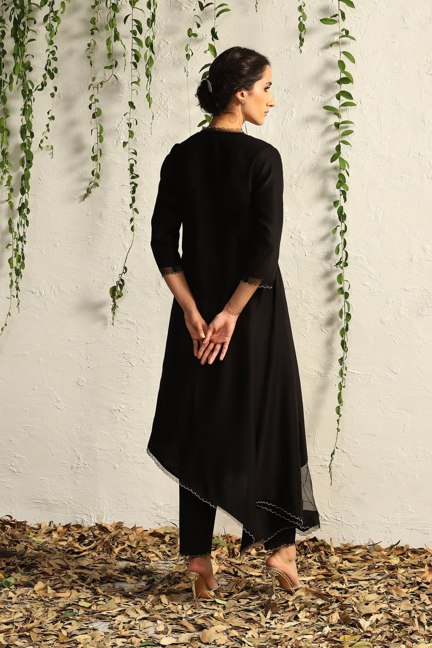 Black Chanderi Asymmetrical Kurta Set of 3 by Charkhee with Black, Chanderi Silk, Cotton, Embroidered, Evening Wear, Festive Wear, Kurta Pant Sets, Kurta Set with Dupattas, Mulberry by Charkhee, Natural, Organza, Regular Fit, Solids, Womenswear at Kamakhyaa for sustainable fashion