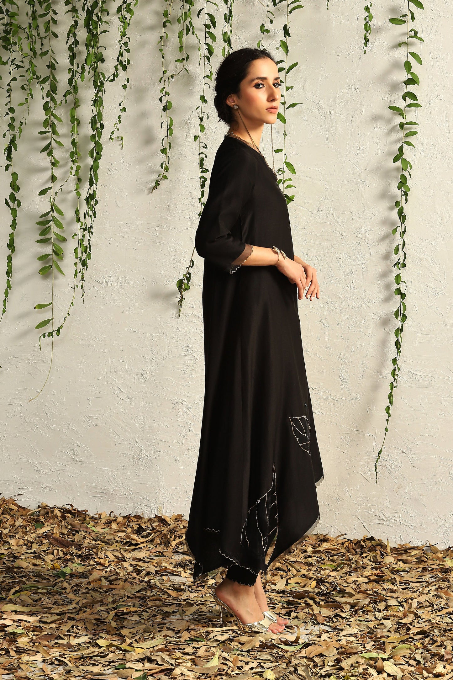 Black Chanderi Asymmetrical Kurta Set of 3 by Charkhee with Black, Chanderi Silk, Cotton, Embroidered, Evening Wear, Festive Wear, Kurta Pant Sets, Kurta Set with Dupattas, Mulberry by Charkhee, Natural, Organza, Regular Fit, Solids, Womenswear at Kamakhyaa for sustainable fashion