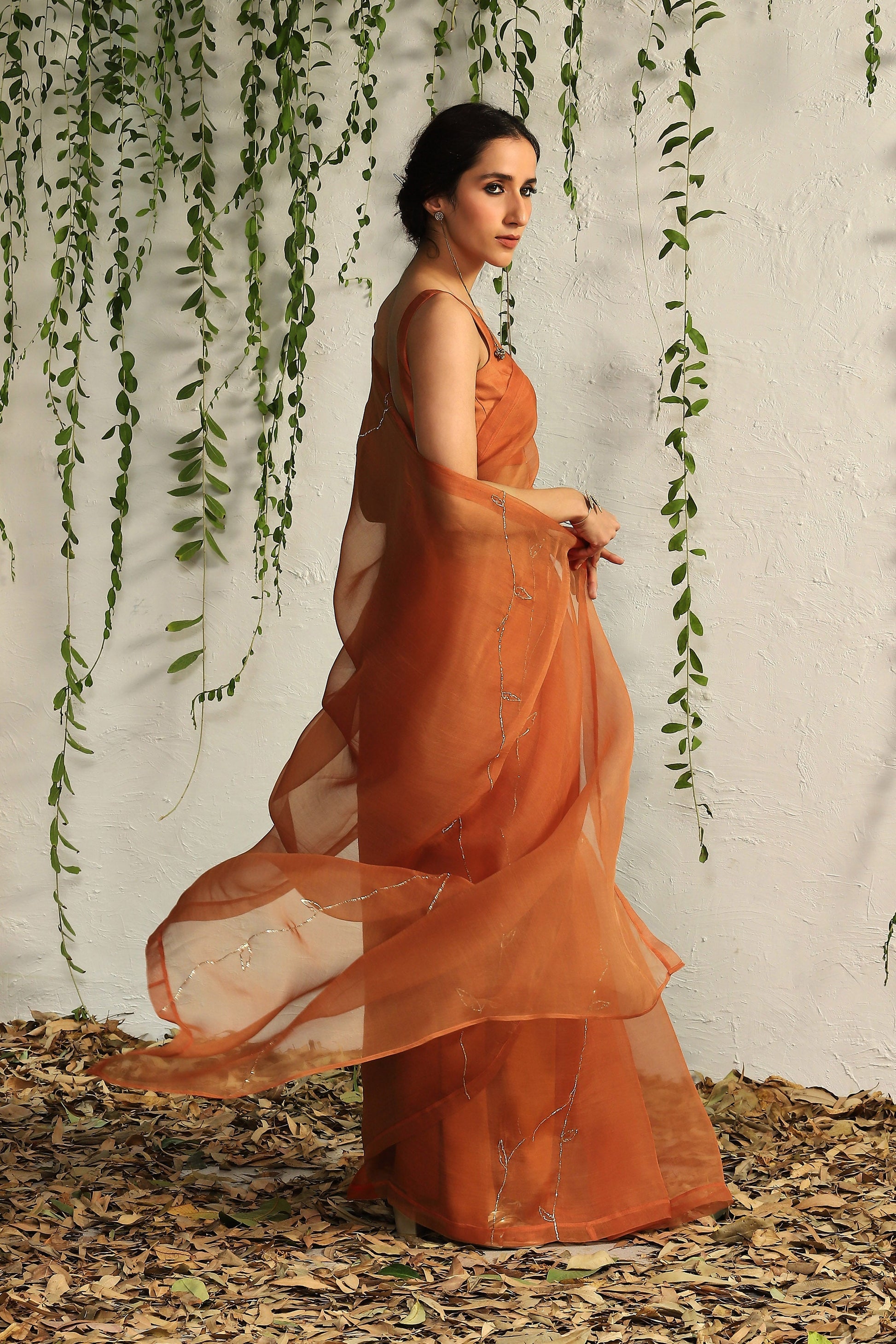 Orange Organza Nakshi Saree With Blouse Set of 2 by Charkhee with Best Selling, Chanderi Silk, Embroidered, Evening Wear, Festive Wear, Kurta Set with Dupattas, Mulberry, Mulberry by Charkhee, Natural, Orange, Organza, Regular Fit, Saree Sets, Solids, Womenswear at Kamakhyaa for sustainable fashion