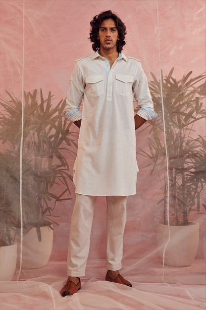 Off-White Pathani Kurta by Charkhee with Casual Wear, Cotton, For Father, Kurtas, Menswear, Natural, Regular Fit, Sun-dae by Charkhee, Textured, Tops, White at Kamakhyaa for sustainable fashion