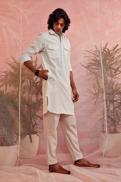 Off-White Pathani Kurta by Charkhee with Casual Wear, Cotton, For Father, Kurtas, Menswear, Natural, Regular Fit, Sun-dae by Charkhee, Textured, Tops, White at Kamakhyaa for sustainable fashion