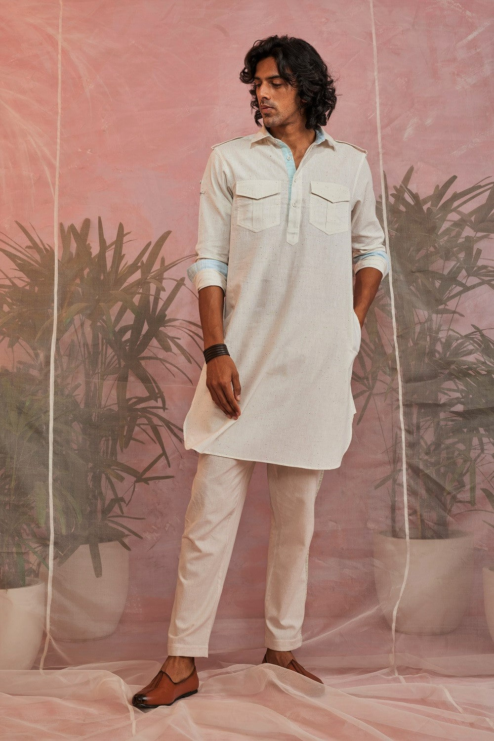 Off-White Pathani Kurta by Charkhee with Casual Wear, Cotton, For Father, Kurtas, Menswear, Natural, Regular Fit, Sun-dae by Charkhee, Textured, Tops, White at Kamakhyaa for sustainable fashion