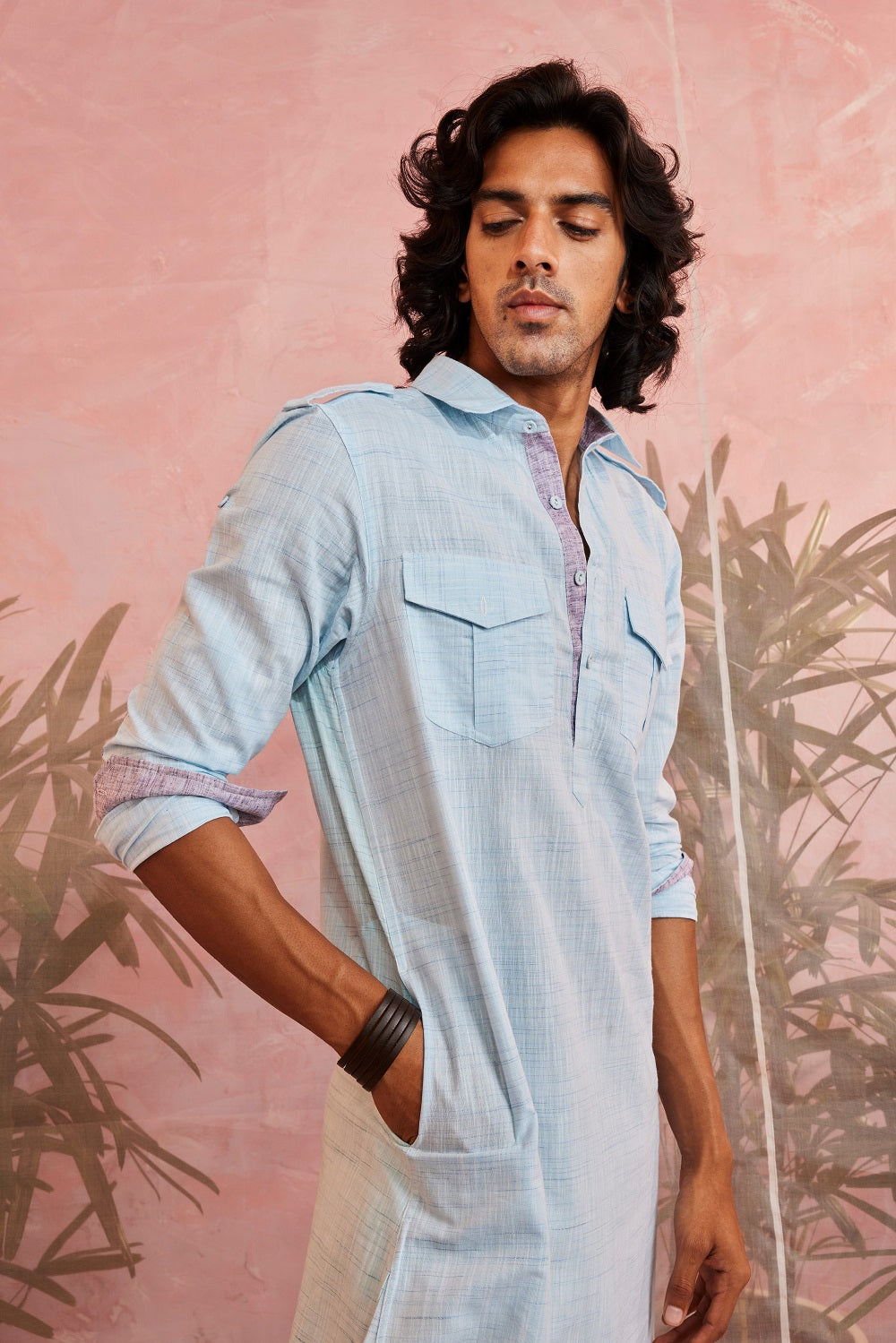 Blue Textured Pathani Kurta by Charkhee with Blue, Casual Wear, Cotton, Kurtas, Menswear, Natural, Regular Fit, Sun-dae by Charkhee, Textured, Tops at Kamakhyaa for sustainable fashion