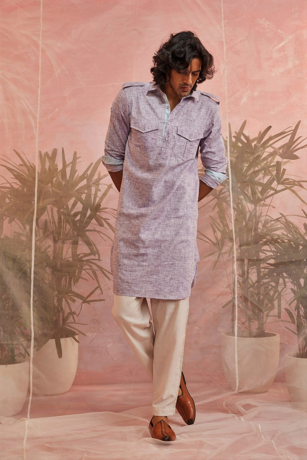 Purple Textured Pathani Kurta by Charkhee with Casual Wear, Cotton, Kurtas, Menswear, Natural, Purple, Regular Fit, Sun-dae by Charkhee, Textured, Tops at Kamakhyaa for sustainable fashion