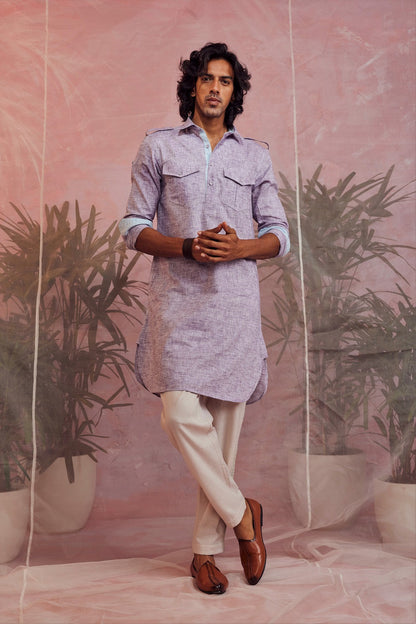 Purple Textured Pathani Kurta by Charkhee with Casual Wear, Cotton, Kurtas, Menswear, Natural, Purple, Regular Fit, Sun-dae by Charkhee, Textured, Tops at Kamakhyaa for sustainable fashion