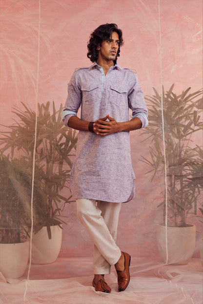 Purple Textured Pathani Kurta by Charkhee with Casual Wear, Cotton, Kurtas, Menswear, Natural, Purple, Regular Fit, Sun-dae by Charkhee, Textured, Tops at Kamakhyaa for sustainable fashion