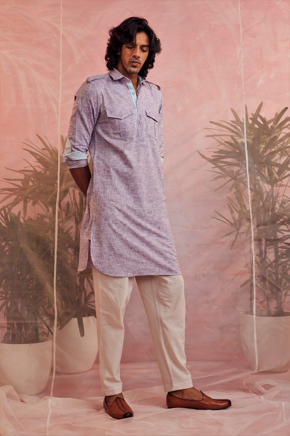Purple Textured Pathani Kurta by Charkhee with Casual Wear, Cotton, Kurtas, Menswear, Natural, Purple, Regular Fit, Sun-dae by Charkhee, Textured, Tops at Kamakhyaa for sustainable fashion