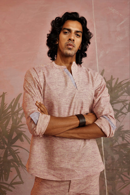 Raspberry Textured Short Kurta by Charkhee with Casual Wear, Cotton, Kurtas, Menswear, Natural, Raspberry, Regular Fit, Sun-dae by Charkhee, Textured, Tops at Kamakhyaa for sustainable fashion