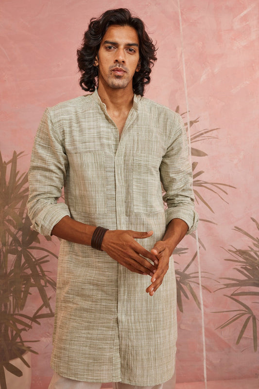Olive Green Textured Kurta by Charkhee with Casual Wear, Cotton, For Father, Green, Kurtas, Menswear, Natural, Regular Fit, Sun-dae by Charkhee, Textured, Tops at Kamakhyaa for sustainable fashion