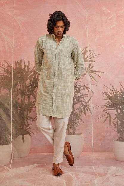 Olive Green Textured Kurta by Charkhee with Casual Wear, Cotton, For Father, Green, Kurtas, Menswear, Natural, Regular Fit, Sun-dae by Charkhee, Textured, Tops at Kamakhyaa for sustainable fashion