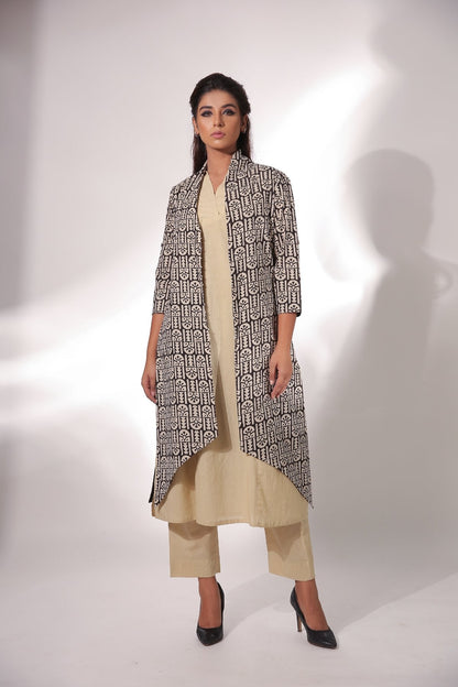 Cotton Kurta Pant Set With Block Printed Cape by Keva with Beige, Black, Block Prints, Cape, Cotton, Indian Wear, Kurta Pant Sets, Natural, Relaxed Fit, Resort Wear, Womenswear, Zima at Kamakhyaa for sustainable fashion