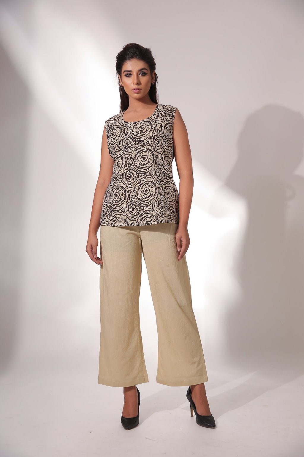 Block Print Sleeveless Top With Pant & Cape by Keva with Beige, Black, Block Prints, Co-ord Sets, Cotton, Natural, Office, Office Wear Co-ords, Relaxed Fit, Resort Wear, Womenswear, Zima at Kamakhyaa for sustainable fashion