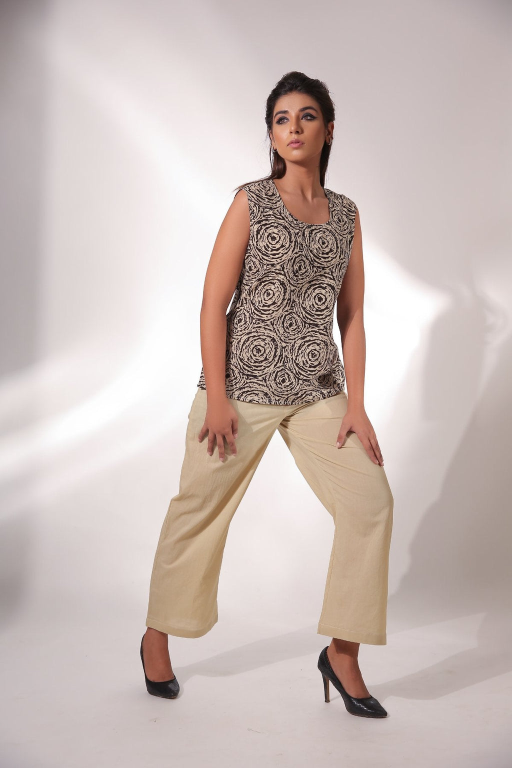 Block Print Sleeveless Top With Pant & Cape by Keva with Beige, Black, Block Prints, Co-ord Sets, Cotton, Natural, Office, Office Wear Co-ords, Relaxed Fit, Resort Wear, Womenswear, Zima at Kamakhyaa for sustainable fashion