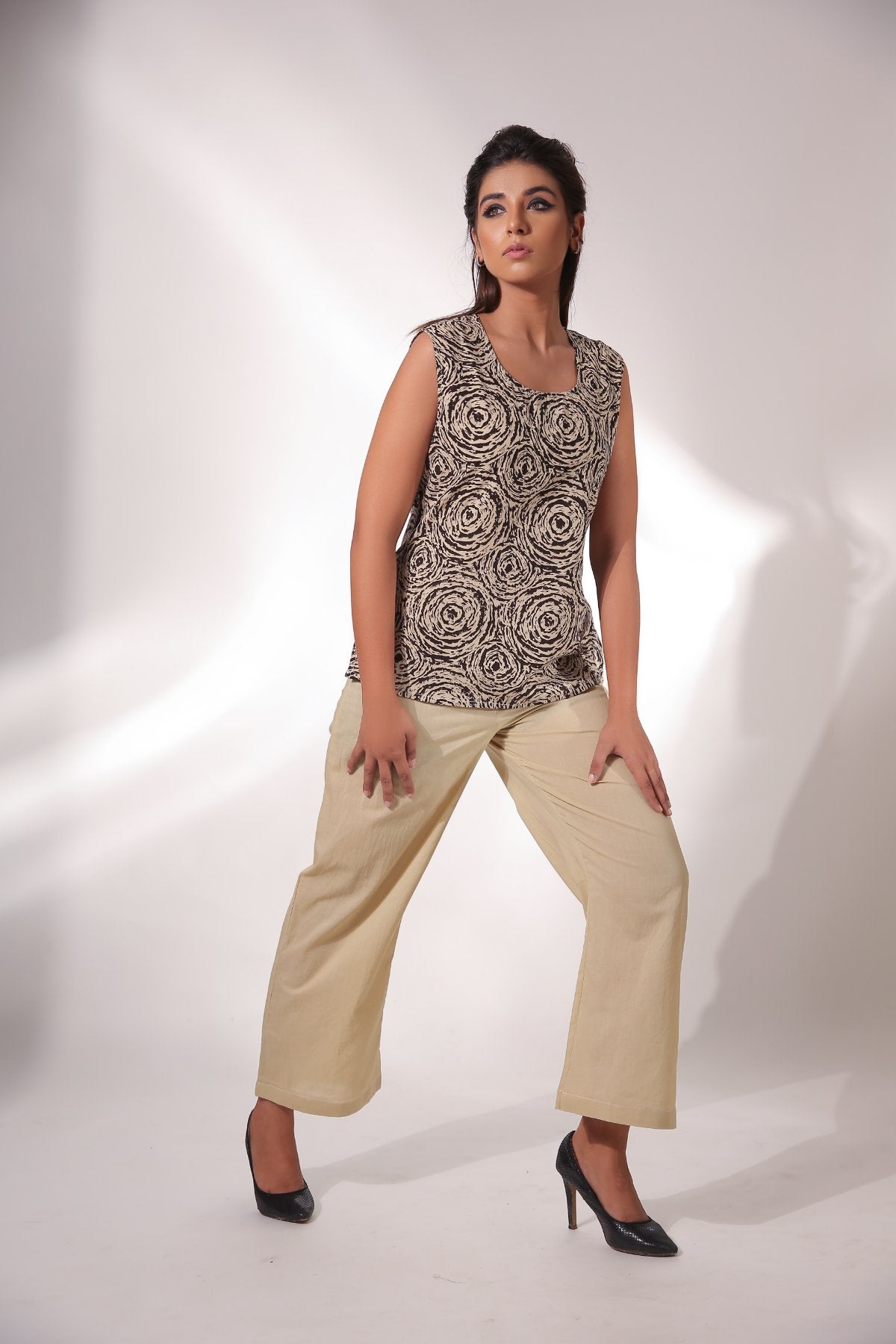 Block Print Sleeveless Top With Pant & Cape by Keva with Beige, Black, Block Prints, Co-ord Sets, Cotton, Natural, Office, Office Wear Co-ords, Relaxed Fit, Resort Wear, Womenswear, Zima at Kamakhyaa for sustainable fashion