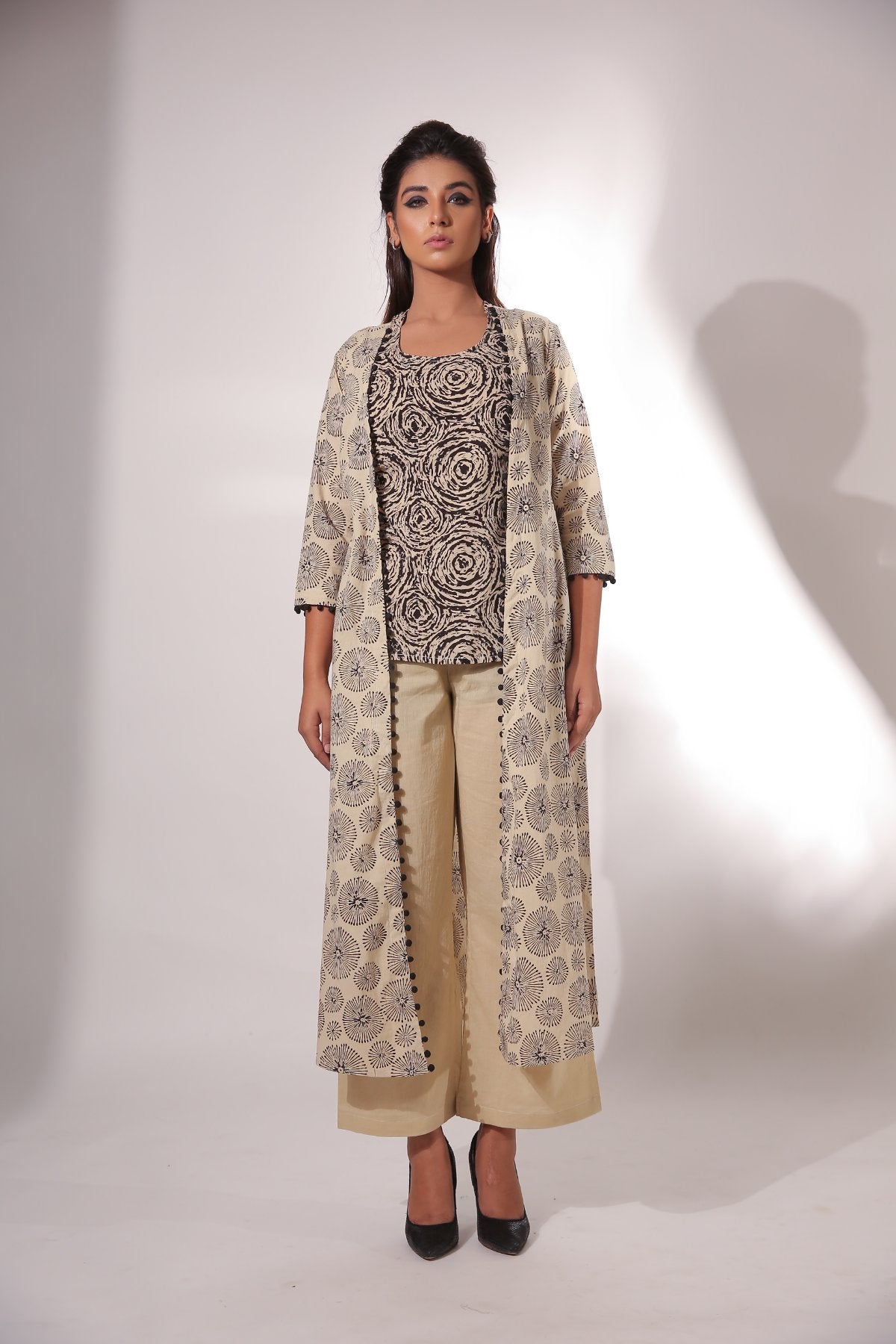 Block Print Sleeveless Top With Pant & Cape by Keva with Beige, Black, Block Prints, Co-ord Sets, Cotton, Natural, Office, Office Wear Co-ords, Relaxed Fit, Resort Wear, Womenswear, Zima at Kamakhyaa for sustainable fashion