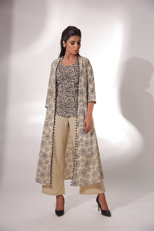 Block Print Sleeveless Top With Pant & Cape by Keva with Beige, Black, Block Prints, Co-ord Sets, Cotton, Natural, Office, Office Wear Co-ords, Relaxed Fit, Resort Wear, Womenswear, Zima at Kamakhyaa for sustainable fashion