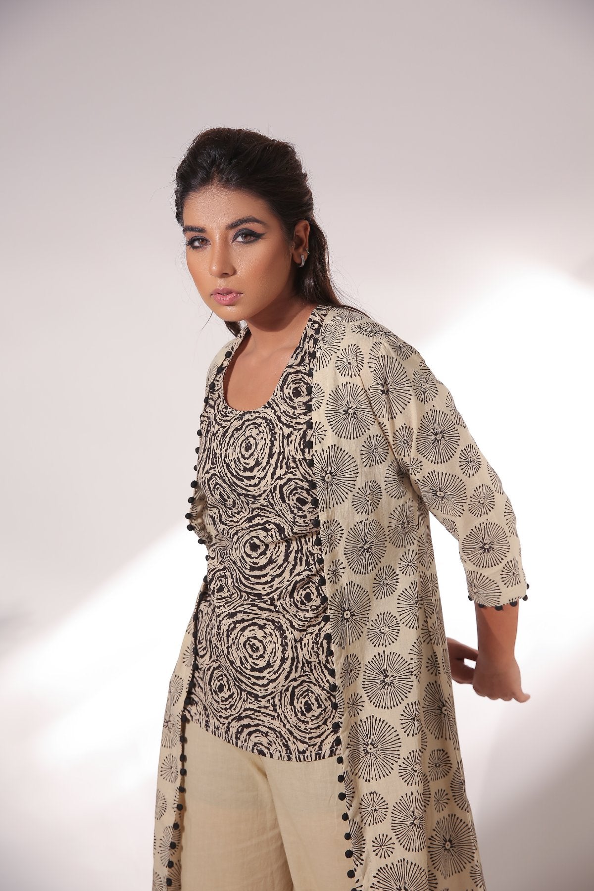 Block Print Sleeveless Top With Pant & Cape by Keva with Beige, Black, Block Prints, Co-ord Sets, Cotton, Natural, Office, Office Wear Co-ords, Relaxed Fit, Resort Wear, Womenswear, Zima at Kamakhyaa for sustainable fashion
