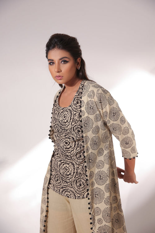 Block Print Sleeveless Top With Pant & Cape by Keva with Beige, Black, Block Prints, Co-ord Sets, Cotton, Natural, Office, Office Wear Co-ords, Relaxed Fit, Resort Wear, Womenswear, Zima at Kamakhyaa for sustainable fashion