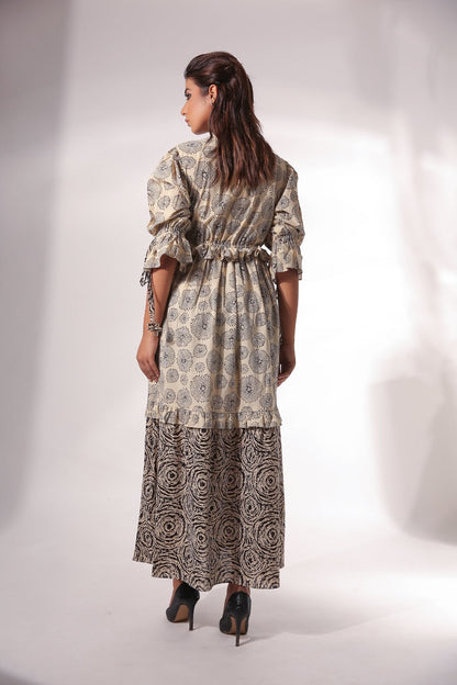 Block Printed Maxi Dress by Keva with Beige, Black, Block Prints, Cotton, For Anniversary, For Daughter, Kurtas, Maxi Dresses, Natural, Relaxed Fit, Resort Wear, Tiered Dresses, Womenswear, Zima at Kamakhyaa for sustainable fashion