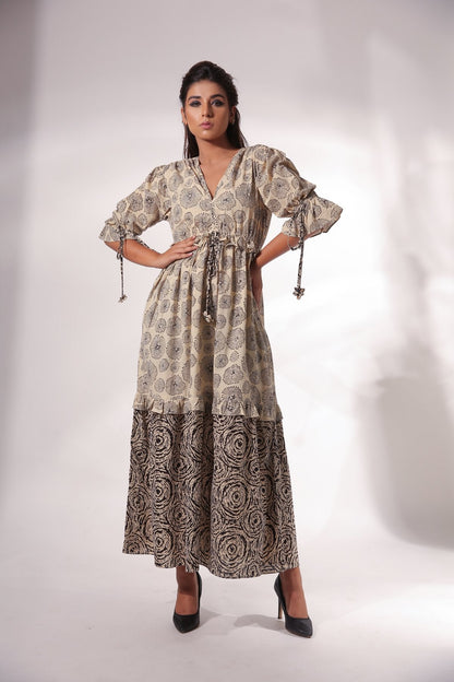 Block Printed Maxi Dress by Keva with Beige, Black, Block Prints, Cotton, For Anniversary, For Daughter, Kurtas, Maxi Dresses, Natural, Relaxed Fit, Resort Wear, Tiered Dresses, Womenswear, Zima at Kamakhyaa for sustainable fashion