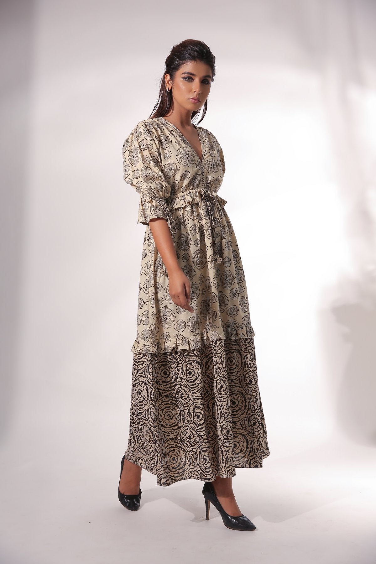 Block Printed Maxi Dress by Keva with Beige, Black, Block Prints, Cotton, For Anniversary, For Daughter, Kurtas, Maxi Dresses, Natural, Relaxed Fit, Resort Wear, Tiered Dresses, Womenswear, Zima at Kamakhyaa for sustainable fashion