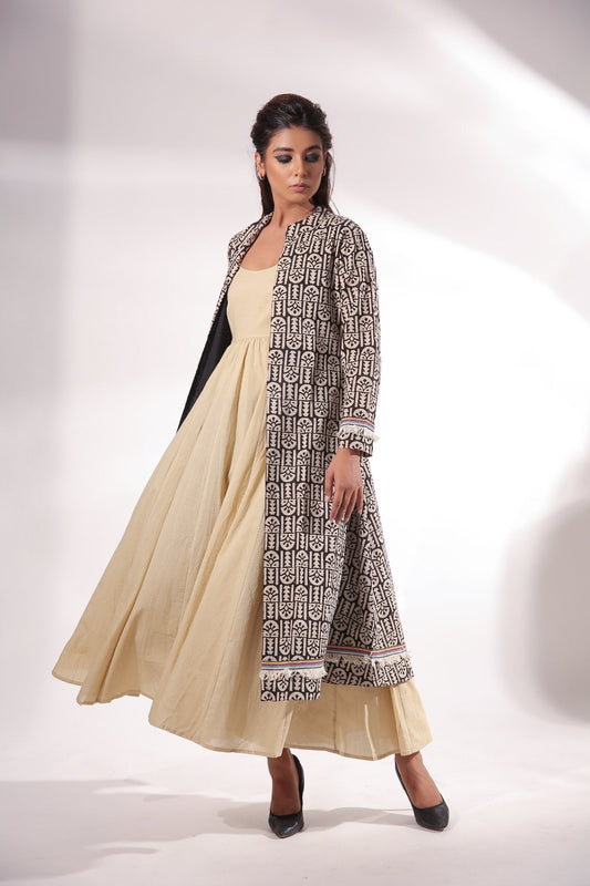 Beige Maxi Dress With Cape Beige, Black, Block Prints, Cape, Co-ord Sets, Cotton, Maxi Dresses, Natural, Relaxed Fit, Resort Wear, Zima Kamakhyaa