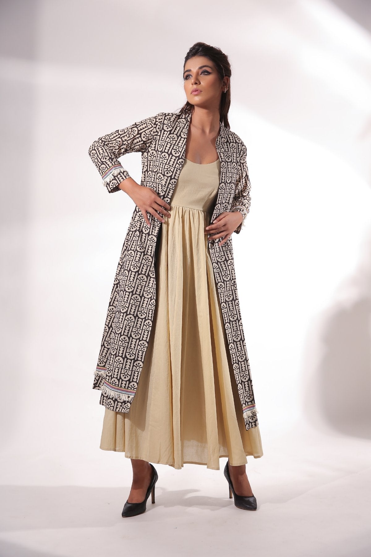 Cotton Block Print Maxi Dress With Cape by Keva with Beige, Black, Block Prints, Cape, Co-ord Sets, Cotton, Dress Sets, For Daughter, For Mother, For Mother W, Maxi Dresses, Natural, Relaxed Fit, Resort Wear, Womenswear, Zima at Kamakhyaa for sustainable fashion