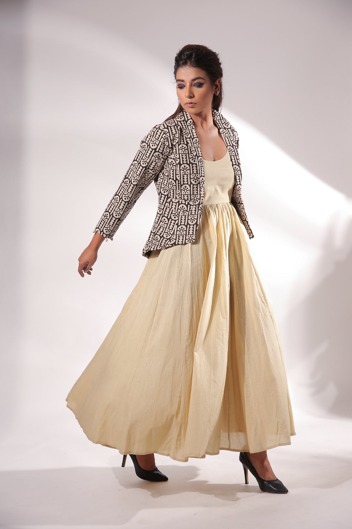 Black Block Printed Jacket by Keva with Beige, Black, Block Prints, Cotton, Jackets, Natural, Relaxed Fit, Resort Wear, Womenswear, Zima at Kamakhyaa for sustainable fashion