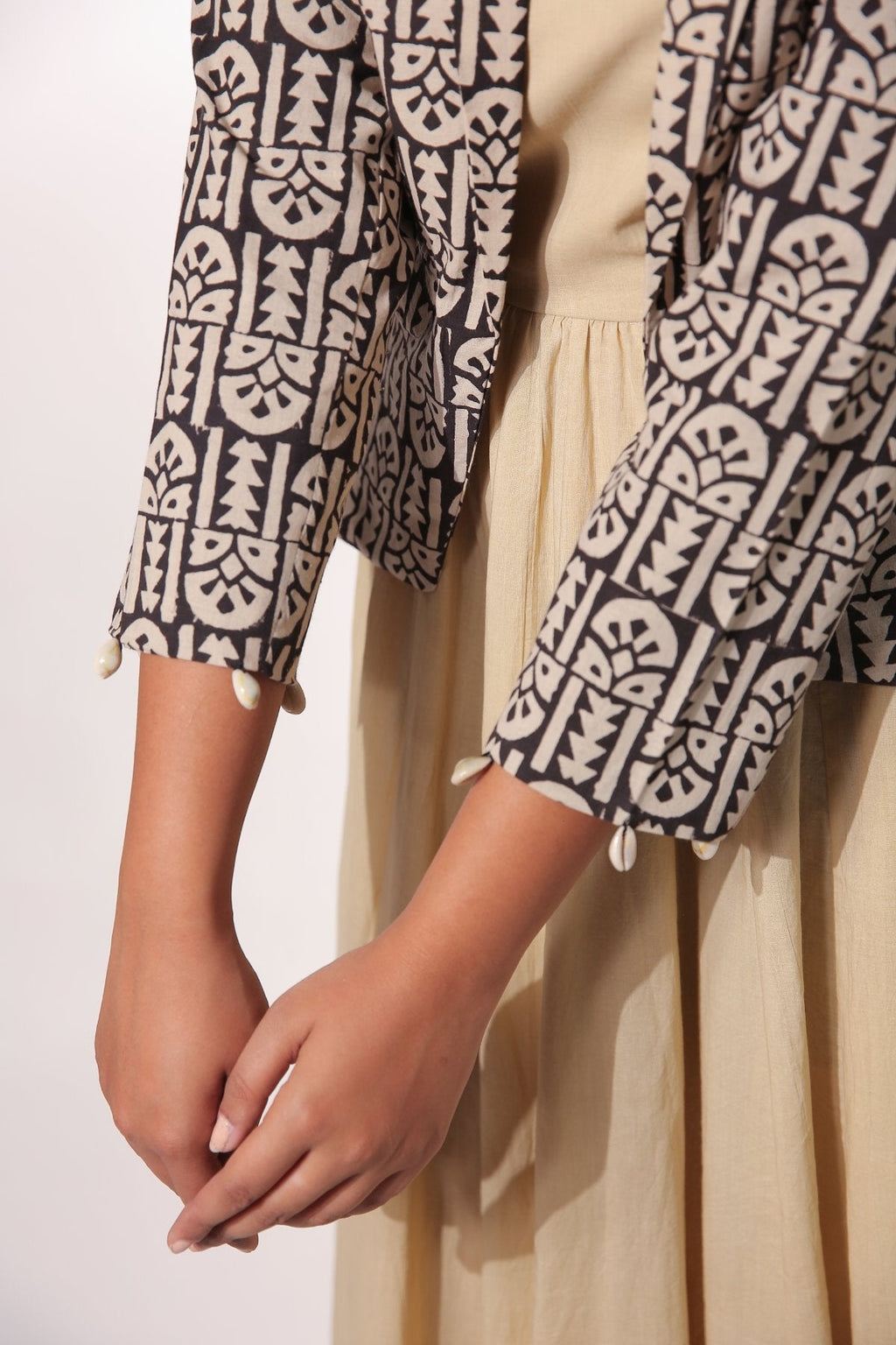 Black Block Printed Jacket by Keva with Beige, Black, Block Prints, Cotton, Jackets, Natural, Relaxed Fit, Resort Wear, Womenswear, Zima at Kamakhyaa for sustainable fashion