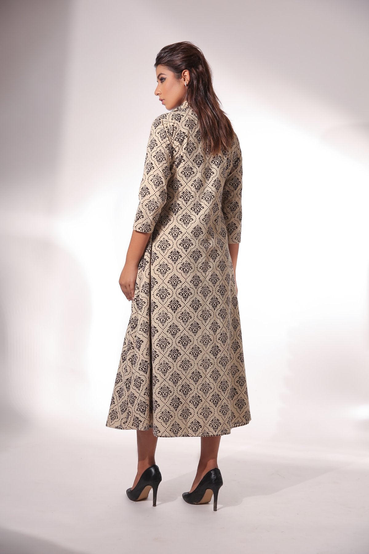 Block Printed Cape with Maxi Dress by Keva with Beige, Best Selling, Black, Block Prints, Cape, Co-ord Sets, Cotton, Dress Sets, Natural, Relaxed Fit, Resort Wear, Womenswear, Zima at Kamakhyaa for sustainable fashion