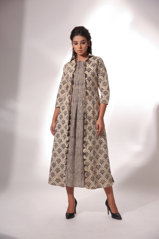 Sleeveless Midi Dress With Cape Beige, Black, Block Prints, Cape, Co-ord Sets, Cotton, Natural, Relaxed Fit, Resort Wear, Zima Kamakhyaa
