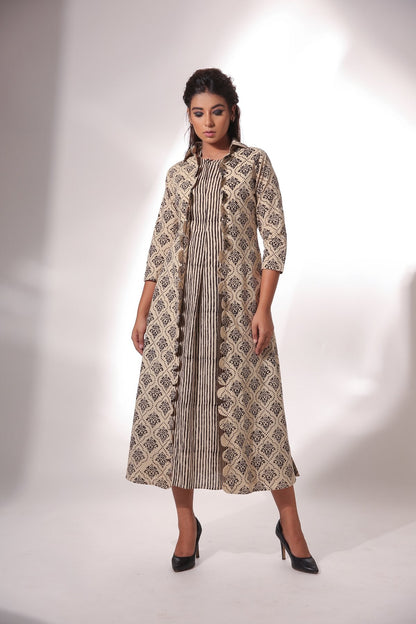 Block Printed Cape with Maxi Dress by Keva with Beige, Best Selling, Black, Block Prints, Cape, Co-ord Sets, Cotton, Dress Sets, Natural, Relaxed Fit, Resort Wear, Womenswear, Zima at Kamakhyaa for sustainable fashion