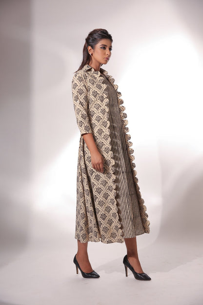 Block Printed Cape with Maxi Dress by Keva with Beige, Best Selling, Black, Block Prints, Cape, Co-ord Sets, Cotton, Dress Sets, Natural, Relaxed Fit, Resort Wear, Womenswear, Zima at Kamakhyaa for sustainable fashion