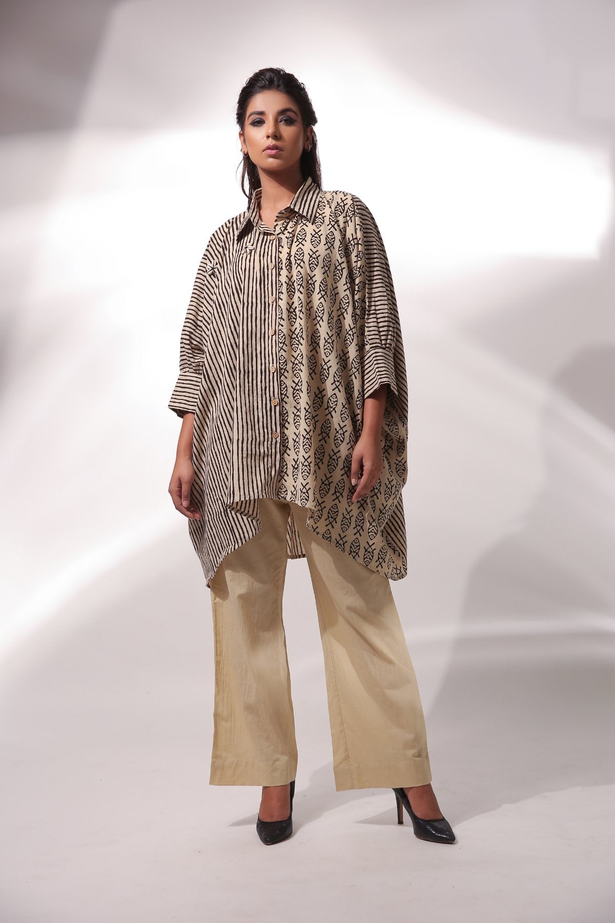 Block Print Kaftan Shirt With Wide Leg Pant by Keva with Beige, Black, Block Prints, Co-ord Sets, Cotton, For Mother, For Mother W, Natural, Office Wear Co-ords, Relaxed Fit, Resort Wear, Travel, Travel Co-ords, Womenswear, Zima at Kamakhyaa for sustainable fashion