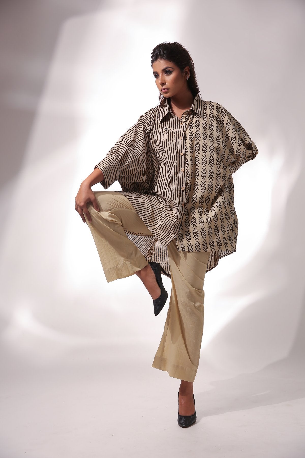 Block Print Kaftan Shirt With Wide Leg Pant by Keva with Beige, Black, Block Prints, Co-ord Sets, Cotton, For Mother, For Mother W, Natural, Office Wear Co-ords, Relaxed Fit, Resort Wear, Travel, Travel Co-ords, Womenswear, Zima at Kamakhyaa for sustainable fashion