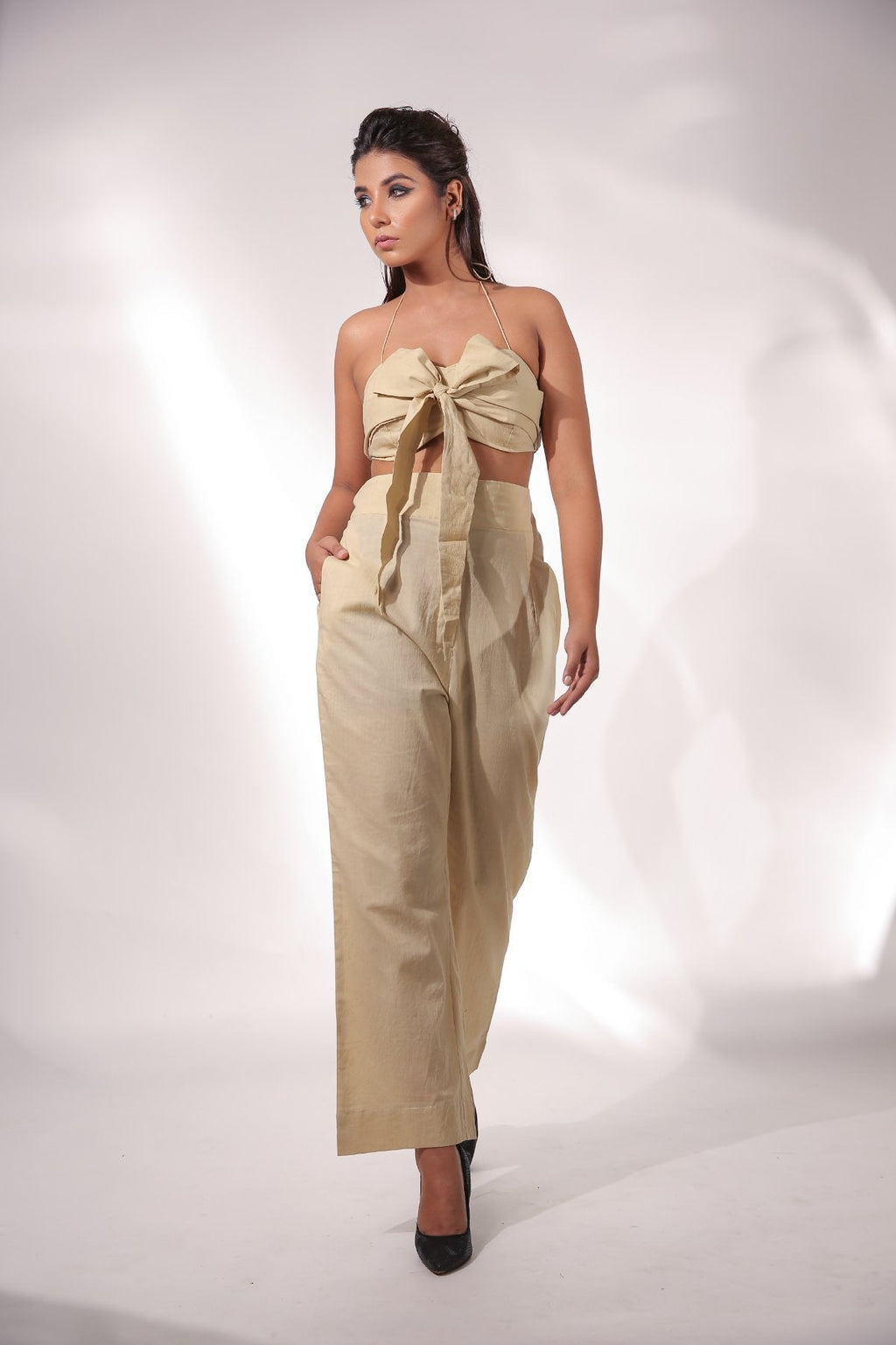 Beige Co-ord Set with Block Printed Shirt by Keva with Beige, Black, Block Prints, Co-ord Sets, Cotton, Natural, Relaxed Fit, Resort Wear, Travel, Travel Co-ords, Vacation, Womenswear, Zima at Kamakhyaa for sustainable fashion