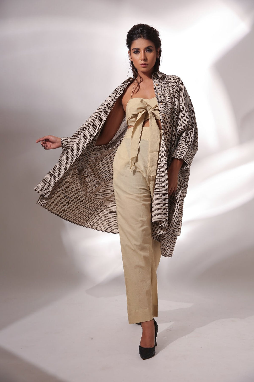 Beige Co-ord Set with Block Printed Shirt by Keva with Beige, Black, Block Prints, Co-ord Sets, Cotton, Natural, Relaxed Fit, Resort Wear, Travel, Travel Co-ords, Vacation, Womenswear, Zima at Kamakhyaa for sustainable fashion