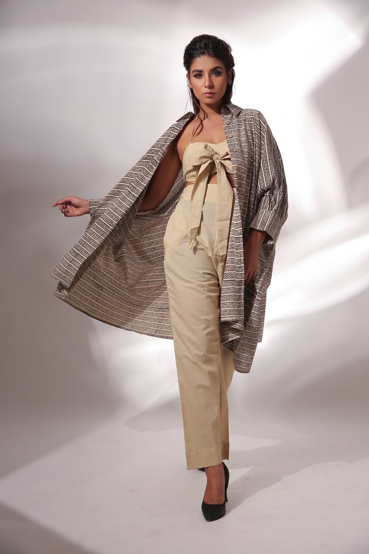 Beige Co-ord Set with Block Printed Shirt by Keva with Beige, Black, Block Prints, Co-ord Sets, Cotton, Natural, Relaxed Fit, Resort Wear, Travel, Travel Co-ords, Vacation, Womenswear, Zima at Kamakhyaa for sustainable fashion