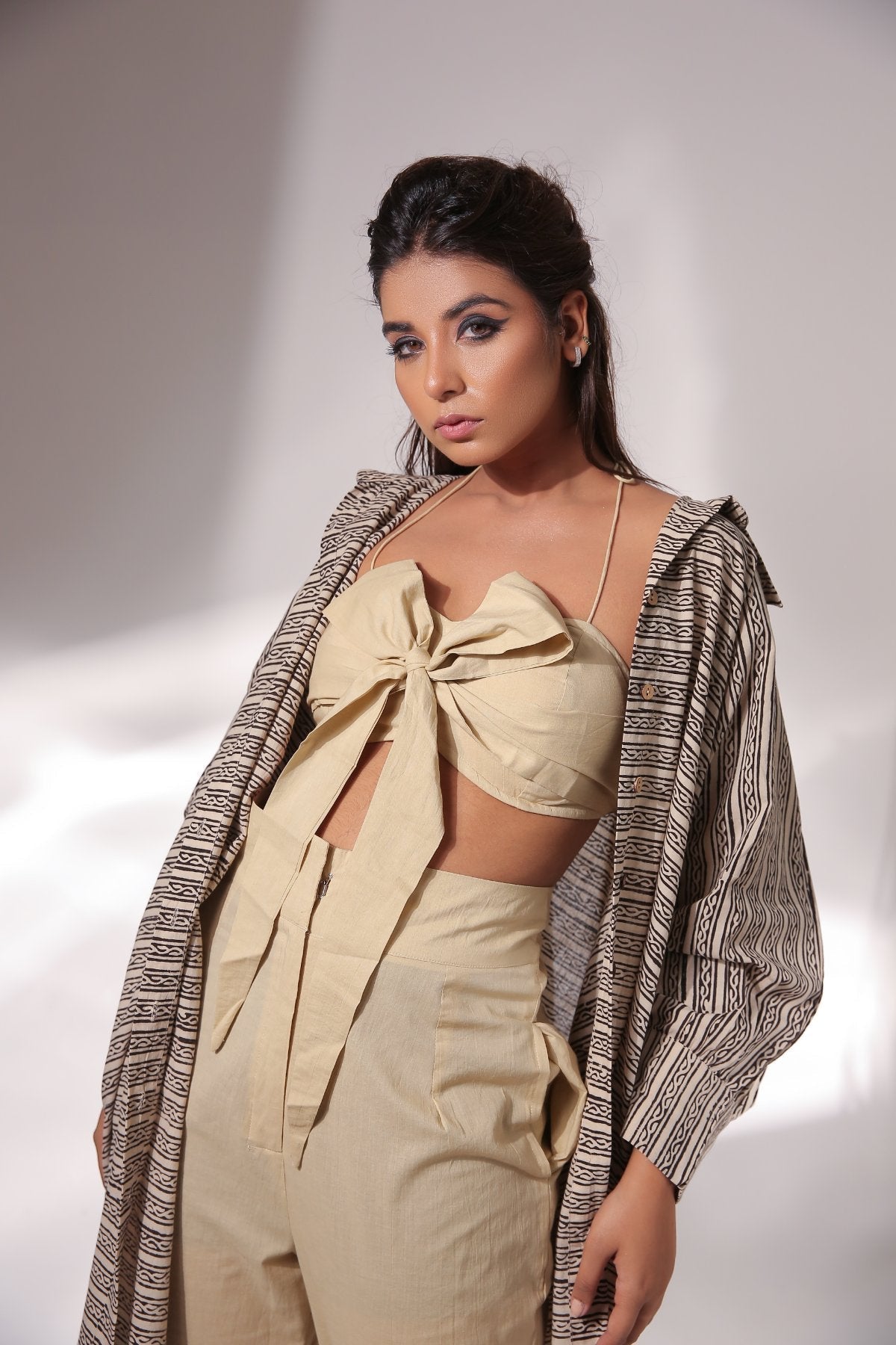 Beige Co-ord Set with Block Printed Shirt by Keva with Beige, Black, Block Prints, Co-ord Sets, Cotton, Natural, Relaxed Fit, Resort Wear, Travel, Travel Co-ords, Vacation, Womenswear, Zima at Kamakhyaa for sustainable fashion