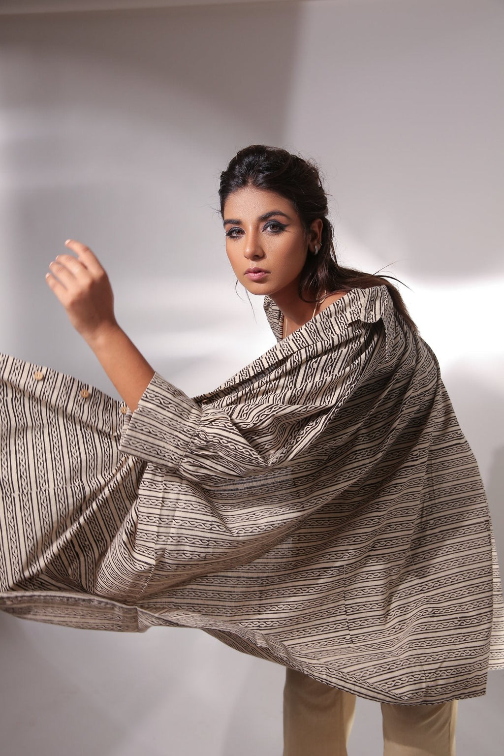 Beige Co-ord Set with Block Printed Shirt by Keva with Beige, Black, Block Prints, Co-ord Sets, Cotton, Natural, Relaxed Fit, Resort Wear, Travel, Travel Co-ords, Vacation, Womenswear, Zima at Kamakhyaa for sustainable fashion