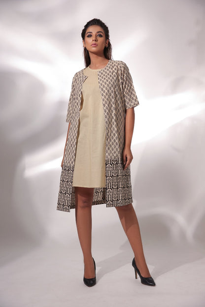 Sleeveless Dress With Block Print Cape by Keva with Beige, Black, Block Prints, Cape, Co-ord Sets, Cotton, Dress Sets, For Mother, For Mother W, Natural, Relaxed Fit, Resort Wear, Womenswear, Zima at Kamakhyaa for sustainable fashion