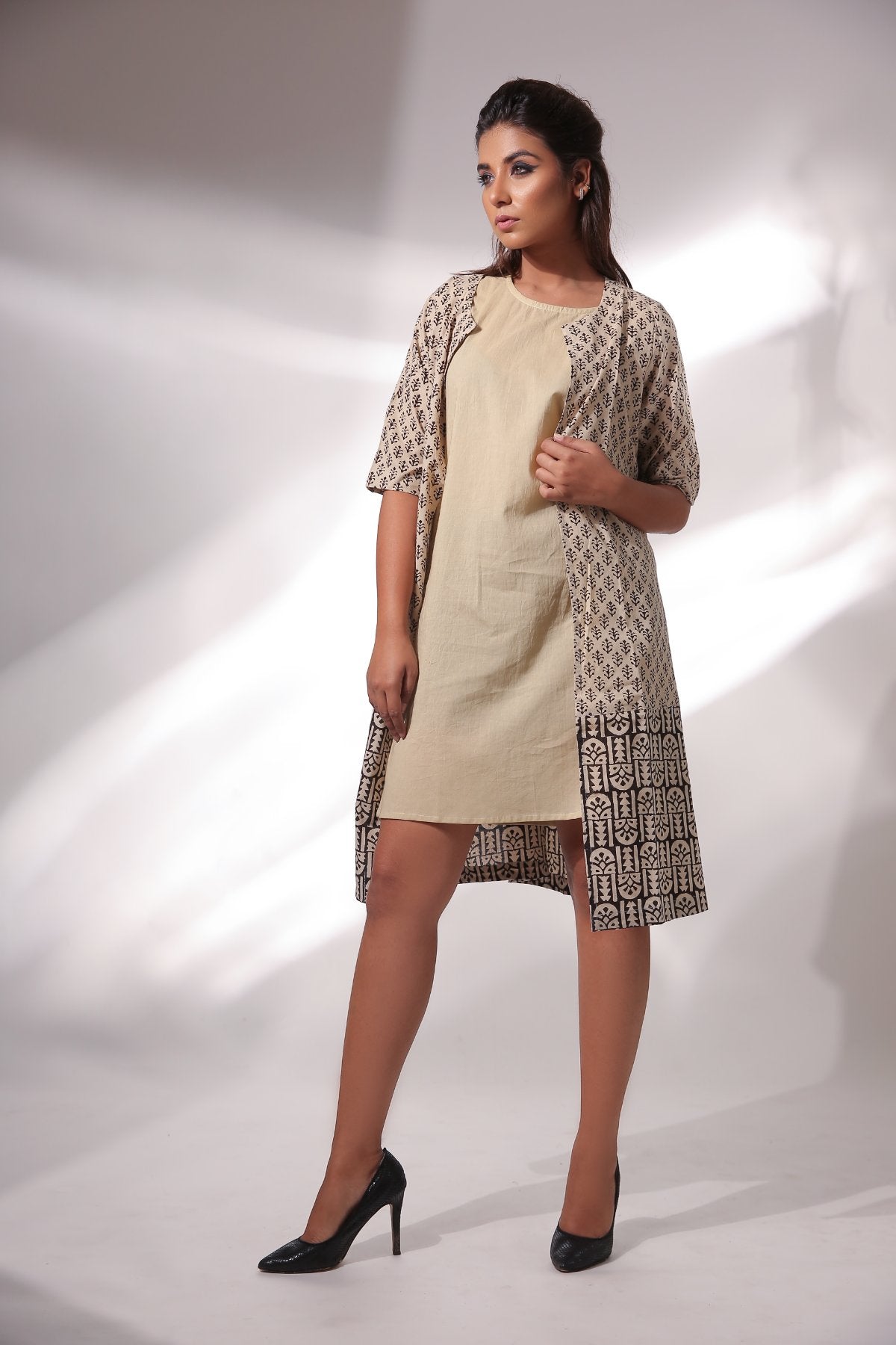 Sleeveless Dress With Block Print Cape by Keva with Beige, Black, Block Prints, Cape, Co-ord Sets, Cotton, Dress Sets, For Mother, For Mother W, Natural, Relaxed Fit, Resort Wear, Womenswear, Zima at Kamakhyaa for sustainable fashion