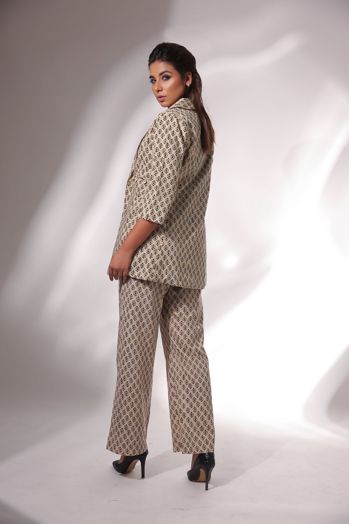 Beige Block Print Blazer And Pant Set by Keva with Beige, Black, Block Prints, Co-ord Sets, Cotton, Natural, Office, Office Wear Co-ords, Printed Selfsame, Relaxed Fit, Resort Wear, Womenswear, Zima at Kamakhyaa for sustainable fashion