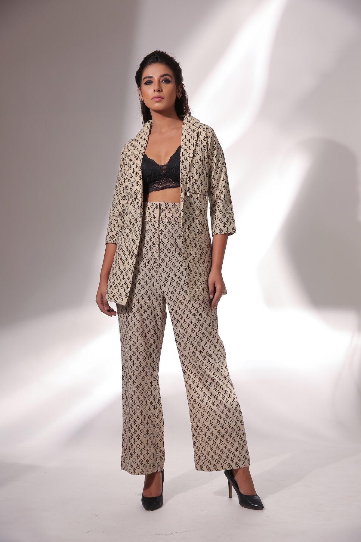 Beige Block Print Blazer And Pant Set by Keva with Beige, Black, Block Prints, Co-ord Sets, Cotton, Natural, Office, Office Wear Co-ords, Printed Selfsame, Relaxed Fit, Resort Wear, Womenswear, Zima at Kamakhyaa for sustainable fashion
