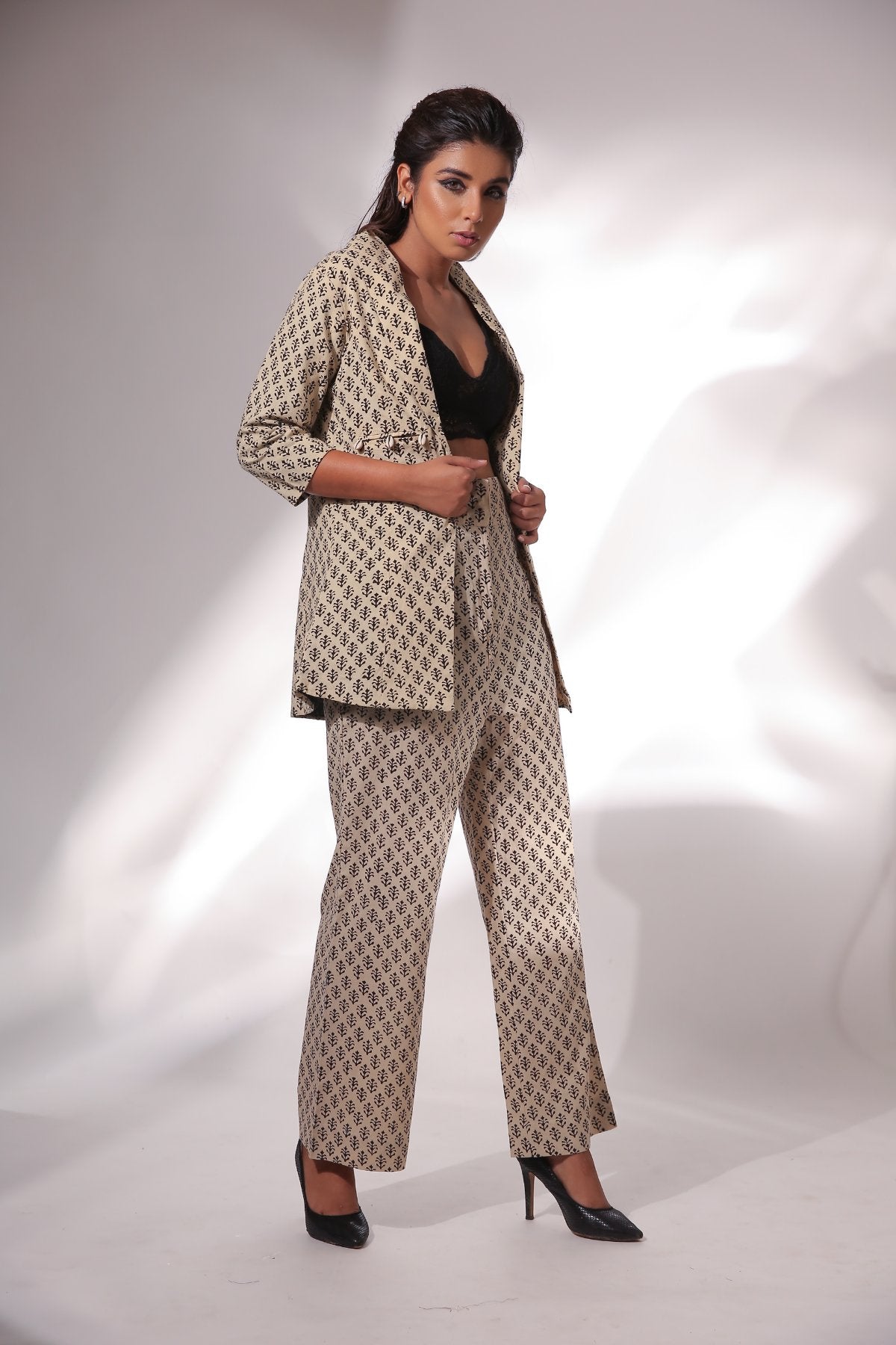 Beige Block Print Blazer And Pant Set by Keva with Beige, Black, Block Prints, Co-ord Sets, Cotton, Natural, Office, Office Wear Co-ords, Printed Selfsame, Relaxed Fit, Resort Wear, Womenswear, Zima at Kamakhyaa for sustainable fashion