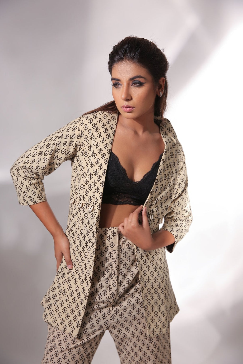 Beige Block Print Blazer And Pant Set by Keva with Beige, Black, Block Prints, Co-ord Sets, Cotton, Natural, Office, Office Wear Co-ords, Printed Selfsame, Relaxed Fit, Resort Wear, Womenswear, Zima at Kamakhyaa for sustainable fashion