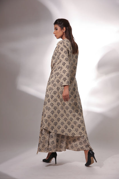 Block Printed Cape With Pants by Keva with Beige, Black, Block Prints, Cape, Co-ord Sets, Cotton, Natural, Office, Office Wear Co-ords, Printed Selfsame, Relaxed Fit, Resort Wear, Womenswear, Zima at Kamakhyaa for sustainable fashion