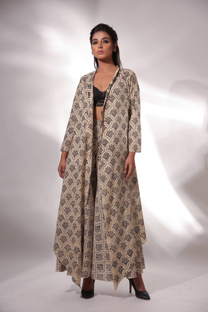 Block Printed Cape With Pants by Keva with Beige, Black, Block Prints, Cape, Co-ord Sets, Cotton, Natural, Office, Office Wear Co-ords, Printed Selfsame, Relaxed Fit, Resort Wear, Womenswear, Zima at Kamakhyaa for sustainable fashion