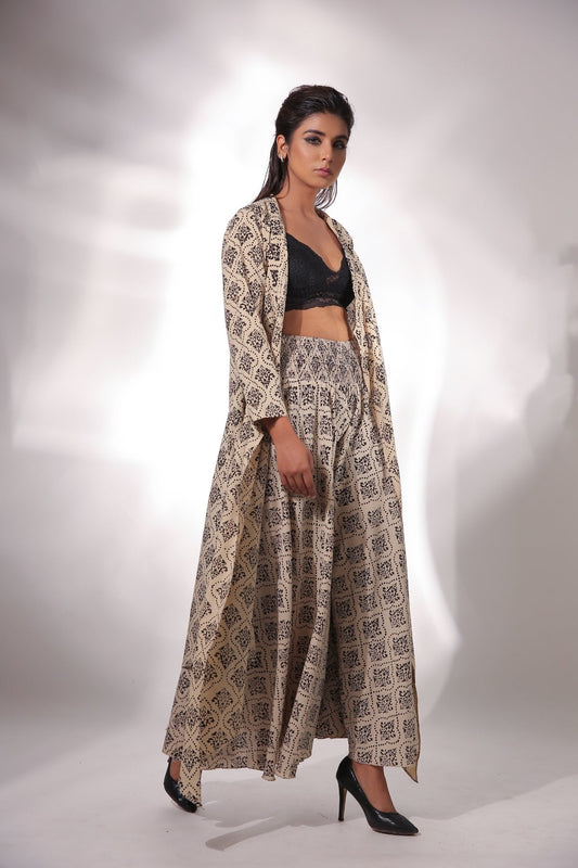 Beige Block Printed Cape With Pants Beige, Black, Block Prints, Cape, Co-ord Sets, Cotton, Natural, Relaxed Fit, Resort Wear, Zima Kamakhyaa