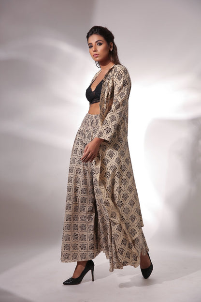 Block Printed Cape With Pants by Keva with Beige, Black, Block Prints, Cape, Co-ord Sets, Cotton, Natural, Office, Office Wear Co-ords, Printed Selfsame, Relaxed Fit, Resort Wear, Womenswear, Zima at Kamakhyaa for sustainable fashion